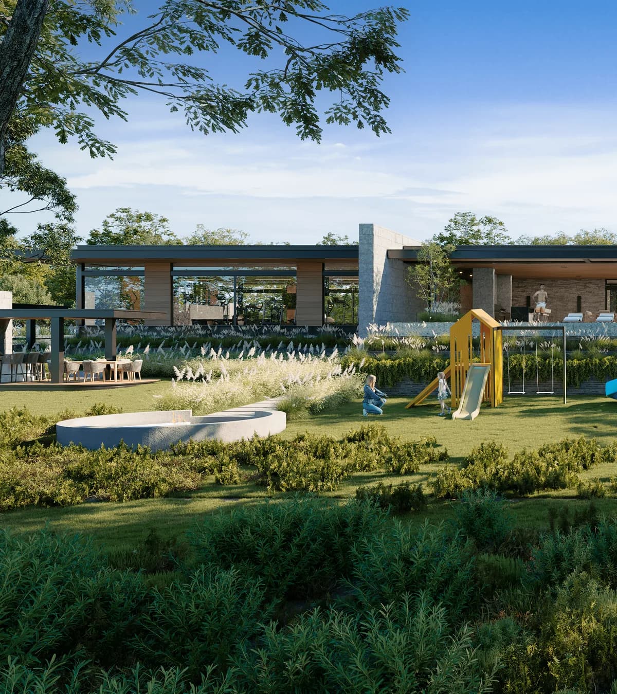 Jardines de Valle Encantado con fogatero, juegos infantiles y gimnasio al fondo