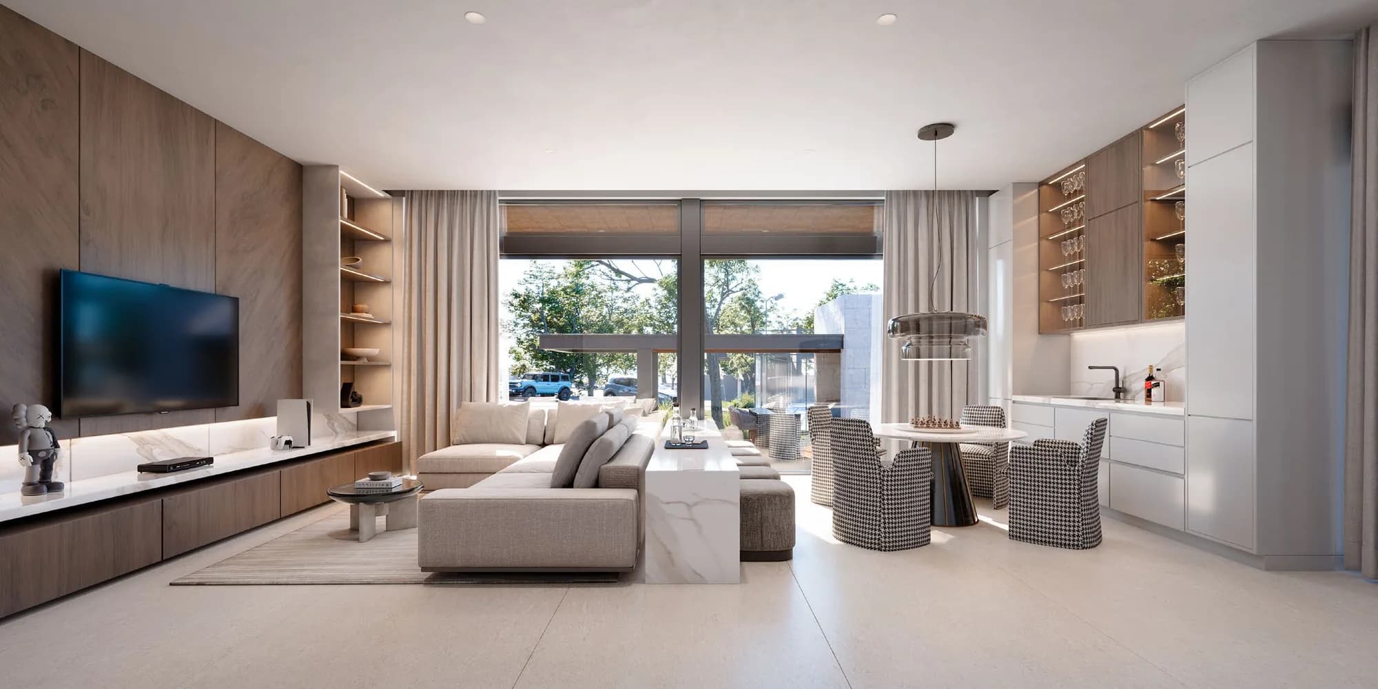 Interior de la casa club con sala, comedor y barra, abierto hacia la terraza