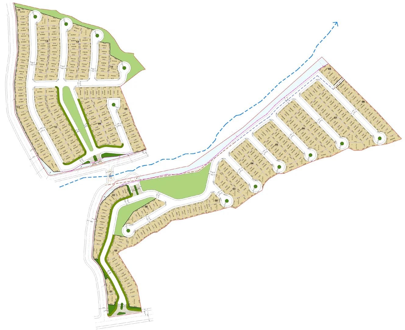 Plano de lotificación de Valle Encantado con las 14 manzanas, vialidades y el cauce del río